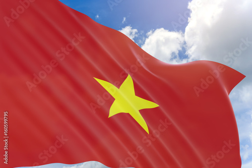 3D rendering of Vietnam flag waving on blue sky background