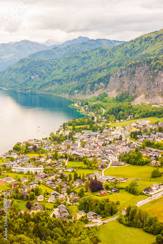 View of alpine village St. Gilgen and Wolfgangsee lake from Plomberg mountain, Austria photo