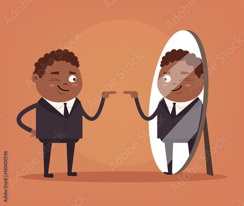 Happy smiling narcissistic black African American businessman office worker character looks at mirror. Vector flat cartoon illustration