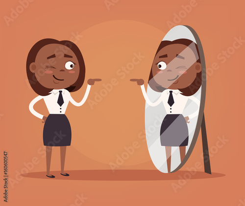 Happy smiling narcissistic black African American business woman office worker character looks at mirror. Vector flat cartoon illustration