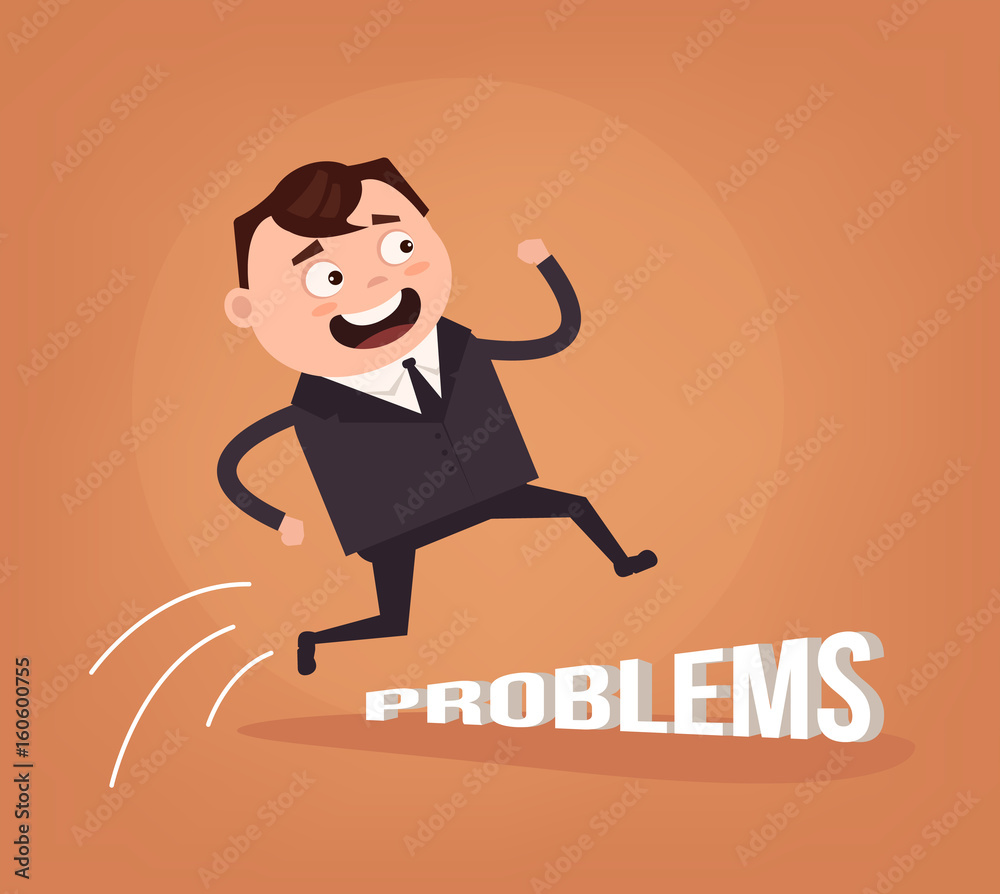 Obraz premium Happy smiling optimistic businessman office worker character jump over problems. Vector flat cartoon illustration