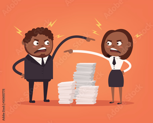 Man and woman colleagues office workers characters quarreling. Bad teamwork. Hard work. Vector flat cartoon illustration