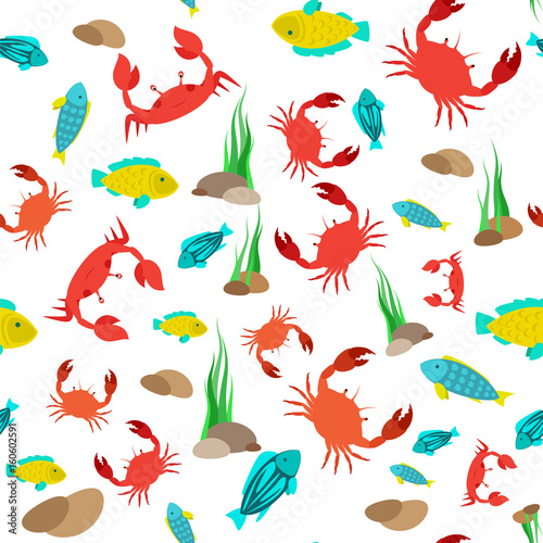 eamless background in minimalism style with crabs and fishes. Vector template for gift, wrapping or packing paper.