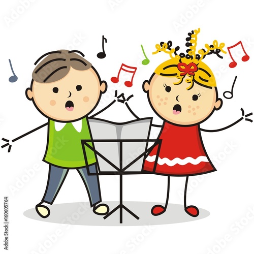singing kids and music stand, vector icon