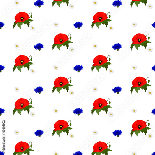 Seamless pattern with chamomile, cornflowers and poppies flowers