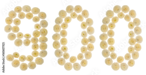 Arabic numeral 900, nine hundred, from cream flowers of chrysanthemum, isolated on white background