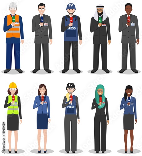 Journalistic concept. Set of different detailed illustration of reporters and journalists in flat style on white background. Different nationalities and dress styles. Vector illustration.
