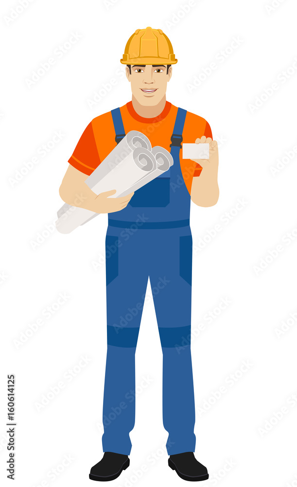 Builder holding the project plans and showing business card Builder holding the project plans and showing business card