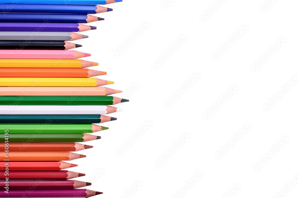 Many colored pencils isolated on white background, place for text Many colored pencils isolated on white background, place for text
