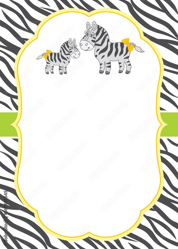 Obraz premium Vector Card Template with Cute Cartoon Zebras on Stripes Background.