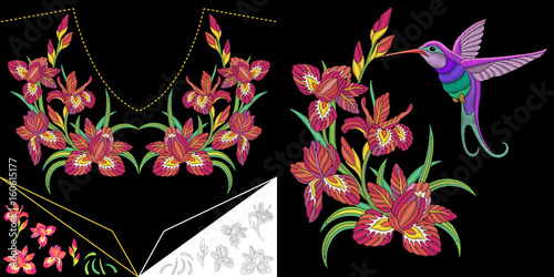 Fototapeta Naklejka Na Ścianę i Meble -  Embroidery design. Embroidered collection for fabric patterns, textile prints, patches, stickers. Floral neckline elements for dress, collar t-shirt or blouse. Set of hummingbird and iris flowers.