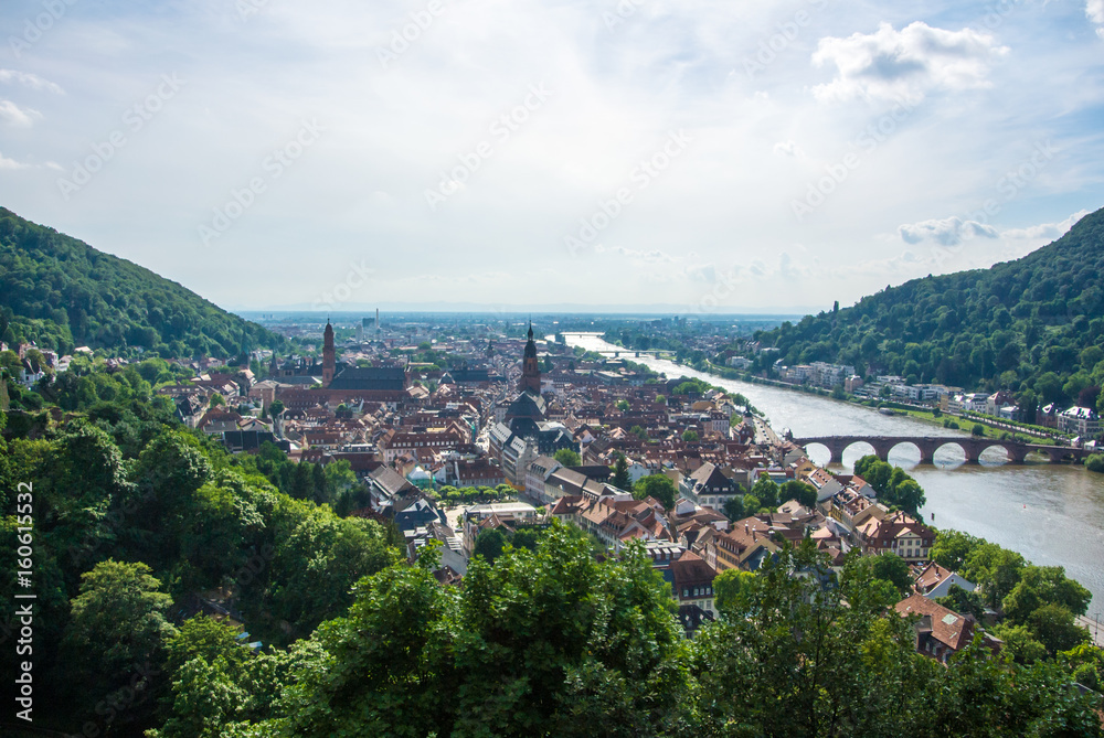 Panoramic view of Heidelberg medieval town and Neckar river from a castle hill, Germany.