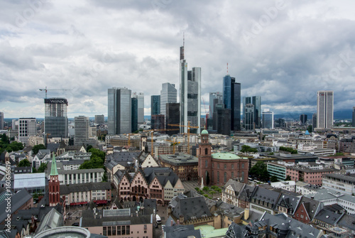 FRANKFURT, GERMANY - JUNE 4, 2017: Panoramic view of the financial district of Frankfurt on summer rainy cloudy day from Cathidral tower.