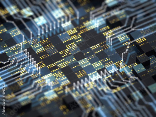 Abstract technology background. Close-up of circuit board with futuristic CPU