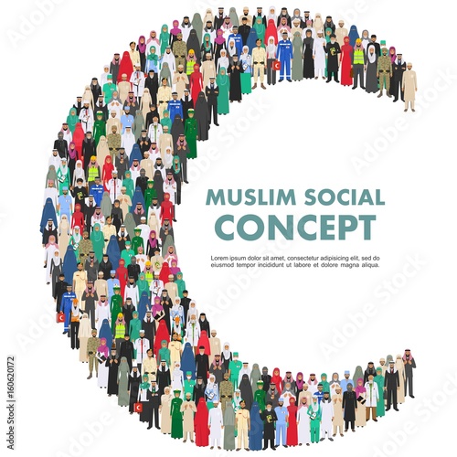 Social concept. Large group muslim arabic people professions occupation standing together in the shape of crescent in different suit and traditional clothes on white background in flat style. Vector.