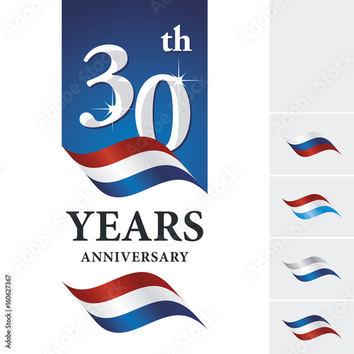 Anniversary 30 th years celebrating logo red white blue ribbon