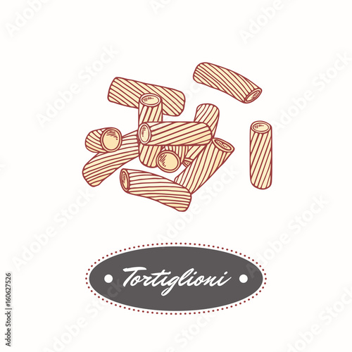 Hand drawn pasta tortiglioni - tortellini isolated on white. Element for restaurant or food package design