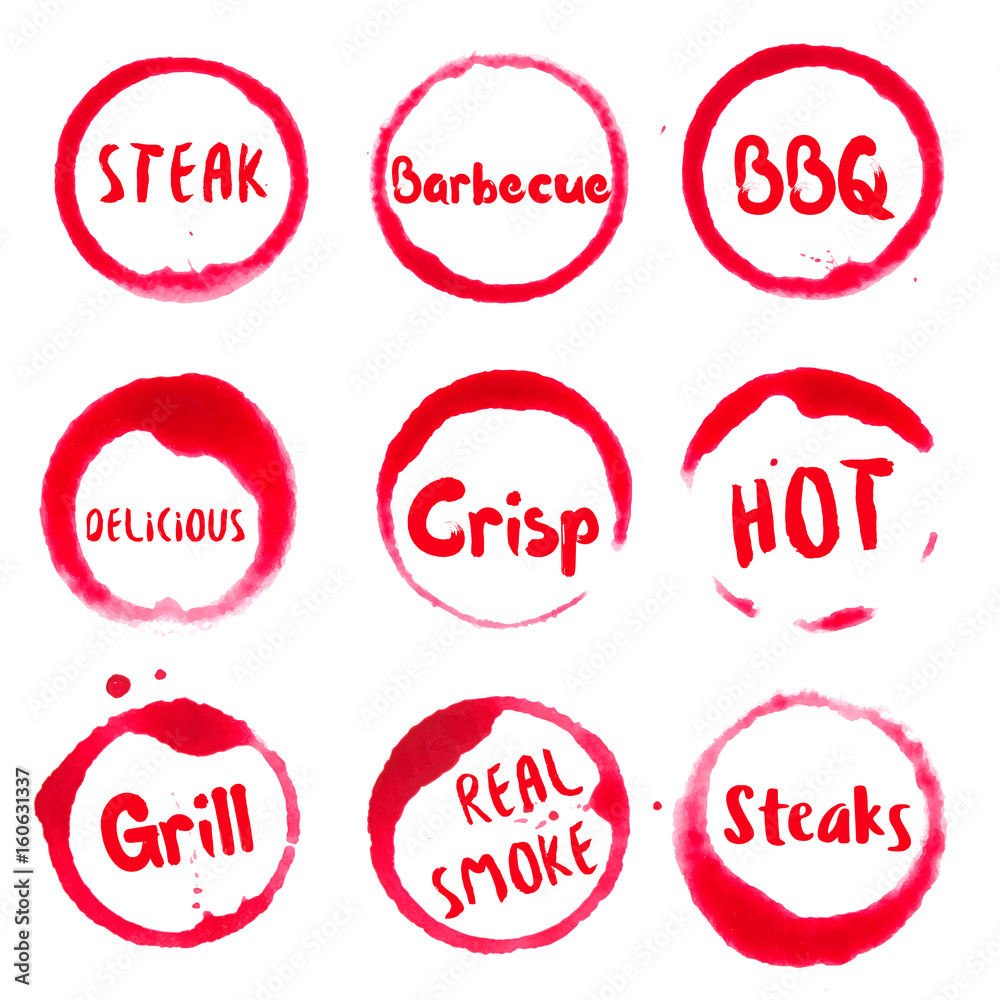 Barbecue collection of round watercolor stains with steak, barbecue
