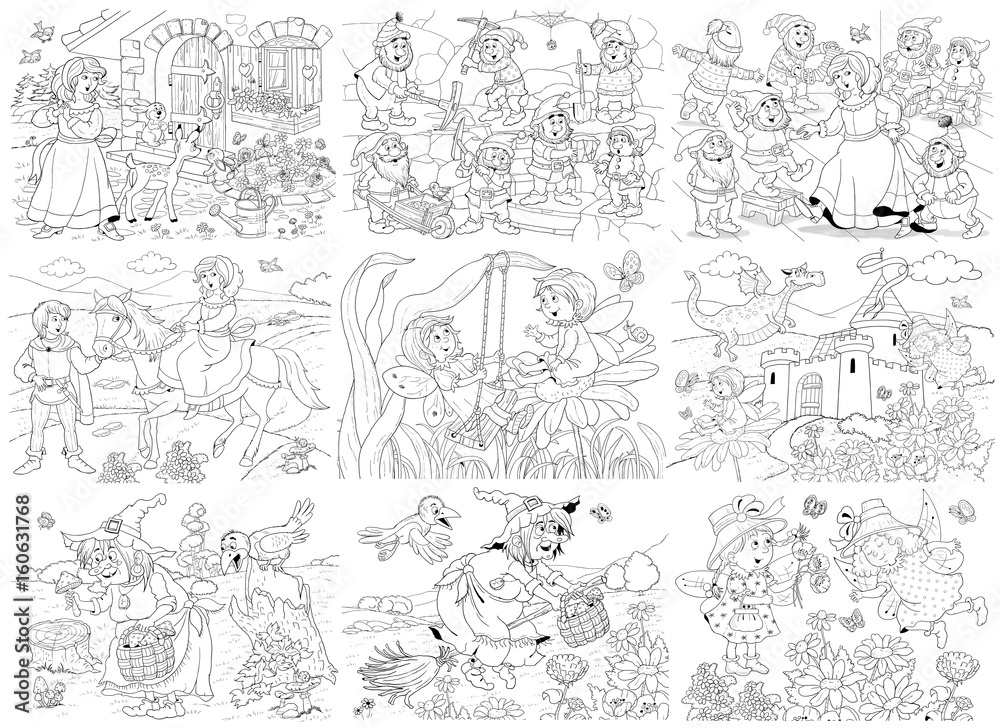 Collection of cute fairy tale illustrations. Coloring page. Coloring book.  Funny cartoon characters