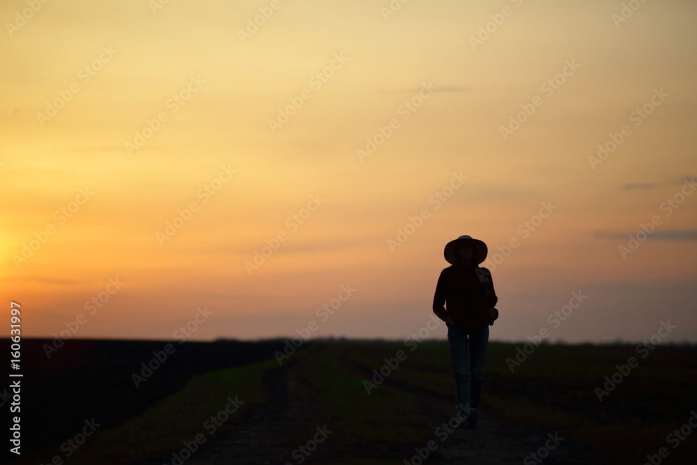 Silhouette woman on sunset, standing, nature, natural background