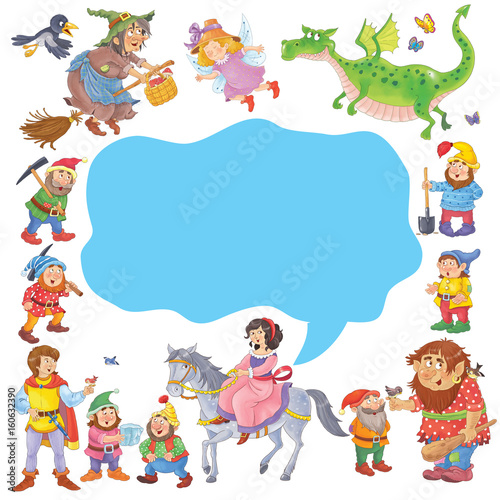 A big poster with cute fairy tale characters. Illustration for children. Cute and funny cartoon characters
