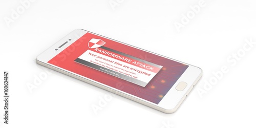 Ransomware alert on a smartphone screen. 3d illustration