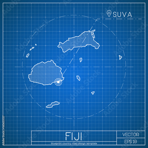 Fiji blueprint map template with capital city. Suva marked on blueprint Fijian map. Vector illustration.