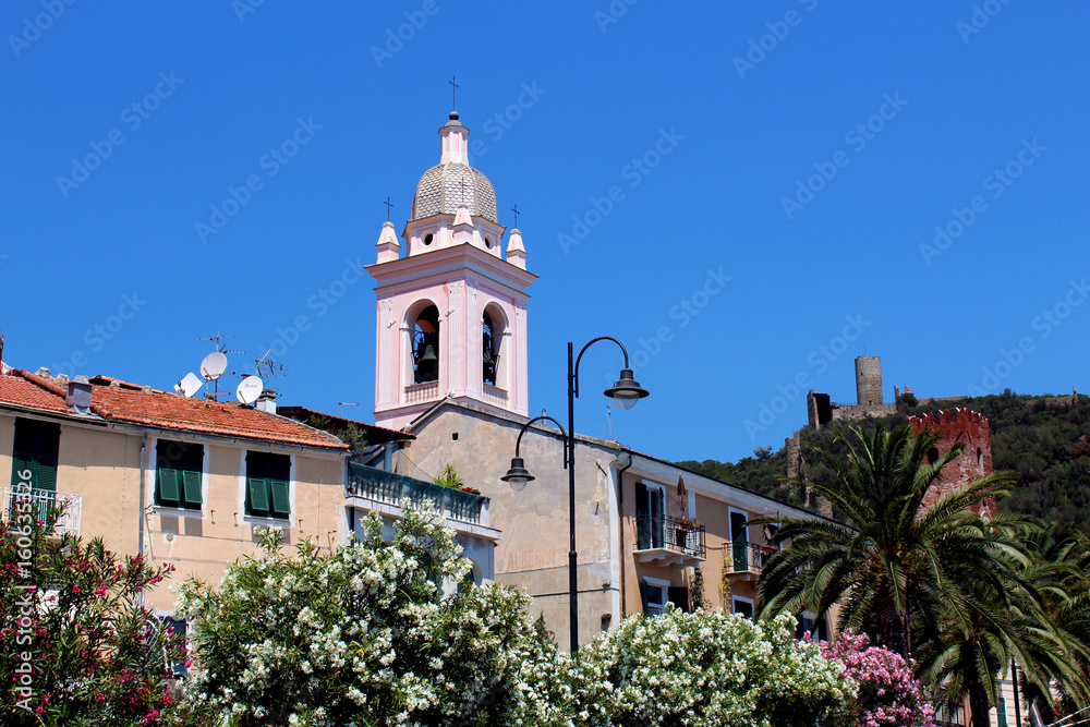 Ancient belfry (campanile) in Noli old town (Liguria)