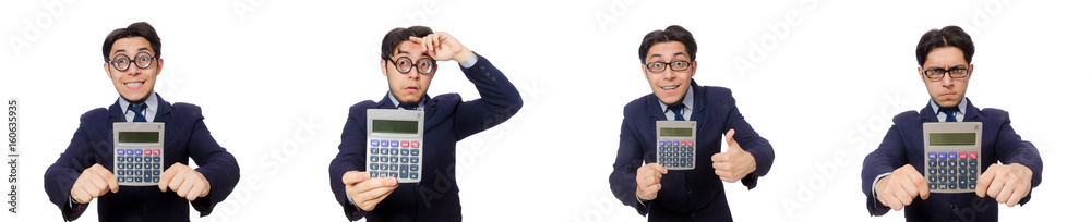 Funny man with calculator isolated on white Funny man with calculator isolated on white