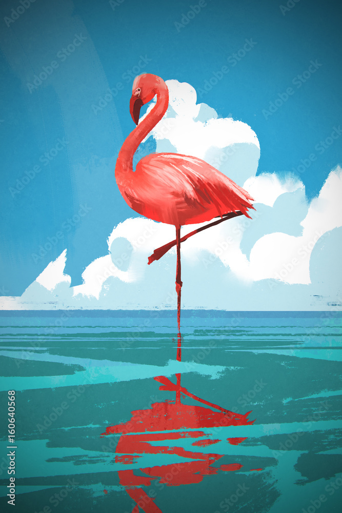 Naklejka premium Flamigo stojący na morzu przeciw latem błękitne niebo z cyfrowym stylem sztuki, malowanie ilustracji