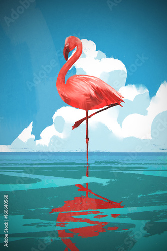 Flamigo standing on the sea against summer blue sky with digital art style  illustration painting