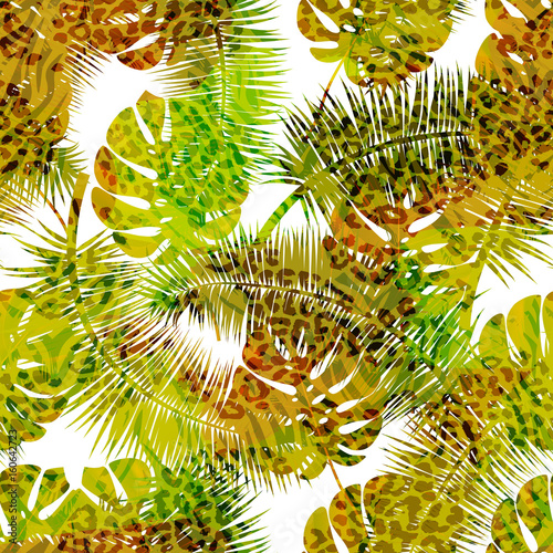 Beautiful seamless vector floral summer pattern background with tropical palm leaves and animal prints.Perfect for wallpapers, web page backgrounds, surface textures, textile.