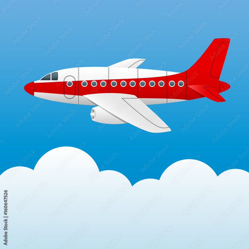 Fototapeta premium Varicolored plane on a background of blue sky and white clouds. Cartoon style. Vector Image.