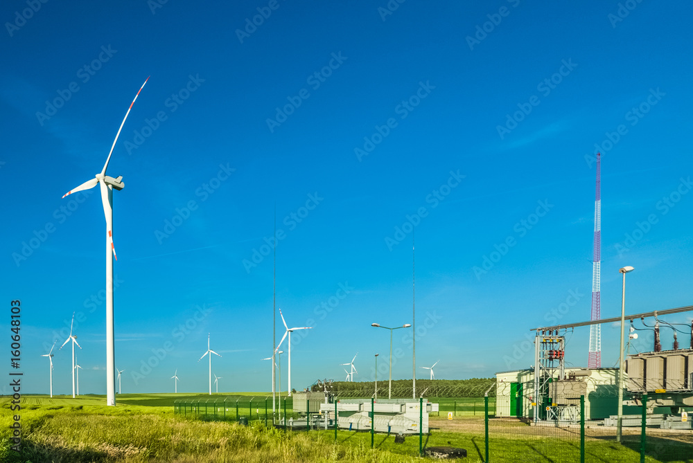 Renewable energy plant, wind turbines with electric substation Renewable energy plant, wind turbines with electric substation