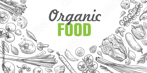 Fresh vegetables background with space for text, hand drawn or engraved, vintage, retro looking plants, vegetarian and healthy food
