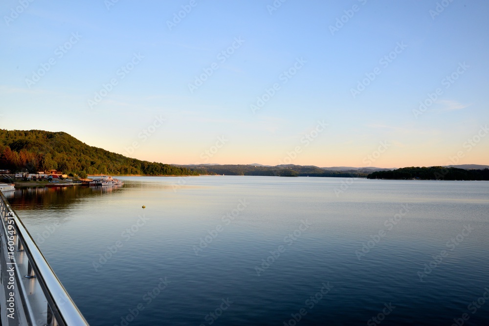 Lake Solina view from the top of the dam at sunset
