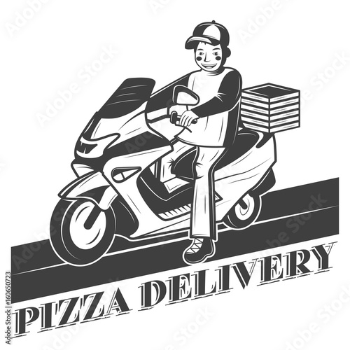 Boy on scooter, pizza delivery vector vintage label, badge, or emblem