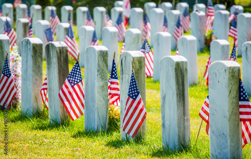 rows of gravestones with American flags in military cemetery