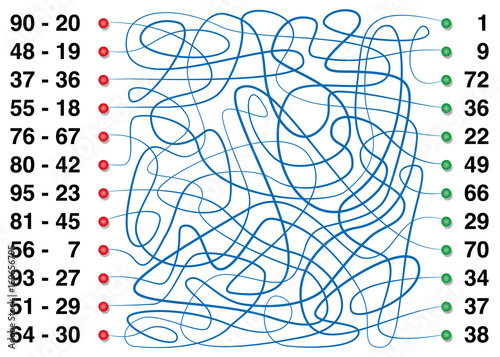 Practice subtractions with labyrinth game - follow the lines from minuend and subtrahend to the corresponding difference - playful learning of mathematical operations for children. photo