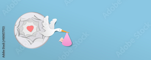stork With Baby Girl paper art cute vector paper cut illustration