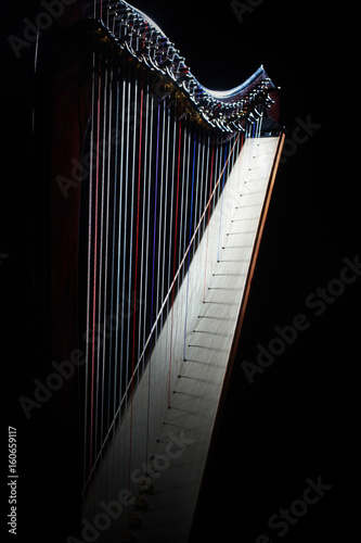 Photographie Harp instrument strings closeup. Irish harp music