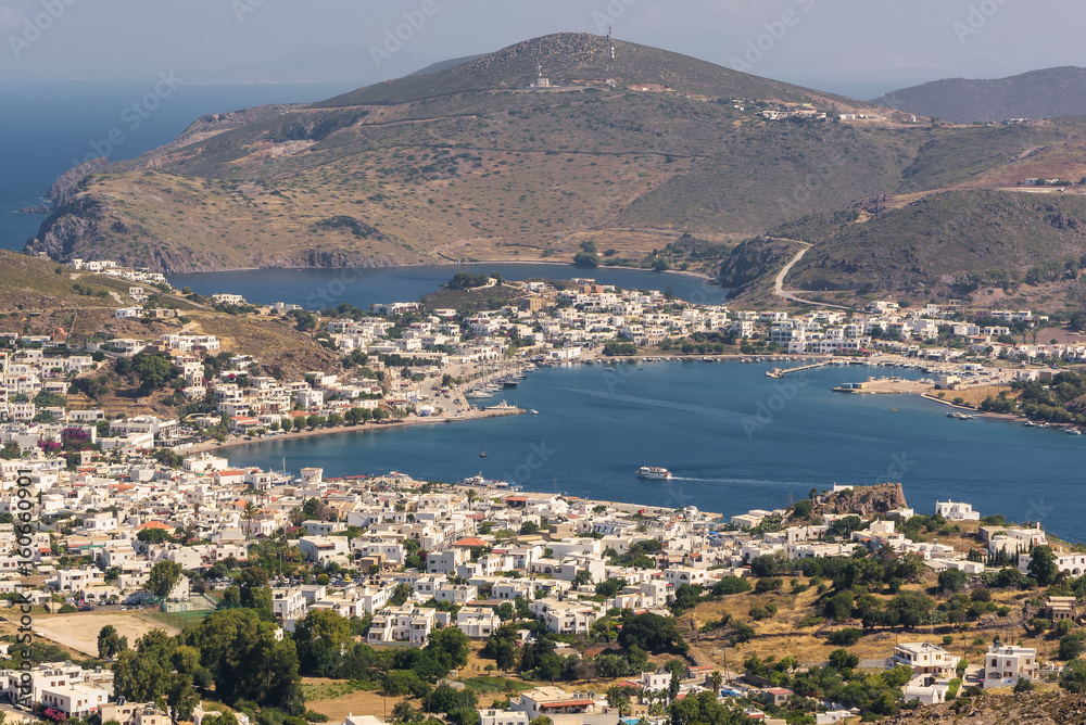 Greek village and harbor of Skala, in the island of Patmos; high angle view
