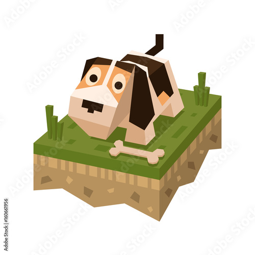 Isometric flat dog on the tile of ground with bone. Geometric puppy. Isometric vector illustration - beagle on 3d land or soil tile