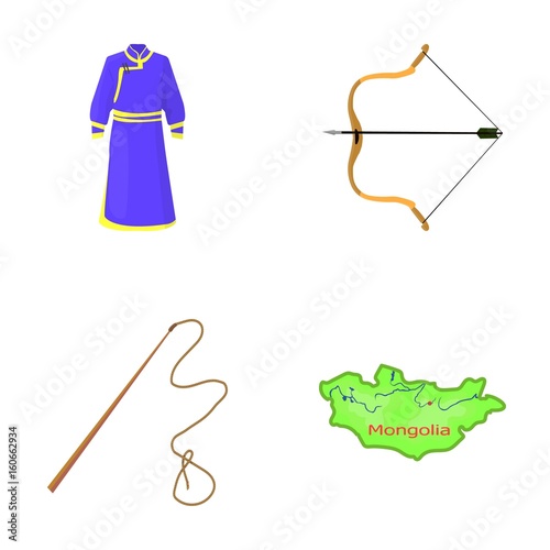 .mongol dressing gown, battle bow, theria on the map, Urga, Khlyst. Mongolia set collection icons in cartoon style vector symbol stock illustration web.