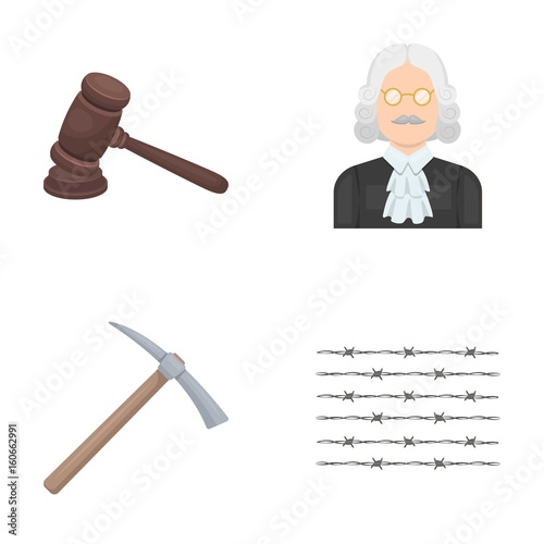 Judge, wooden hammer, barbed wire, pickaxe. Prison set collection icons in cartoon style vector symbol stock illustration web.