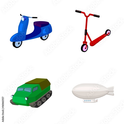 Motorcycle, scooter, armored personnel carrier, aerostat types of transport. Transport set collection icons in cartoon style vector symbol stock illustration web.