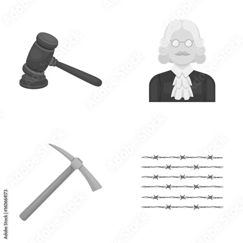 Judge, wooden hammer, barbed wire, pickaxe. Prison set collection icons in monochrome style vector symbol stock illustration web.