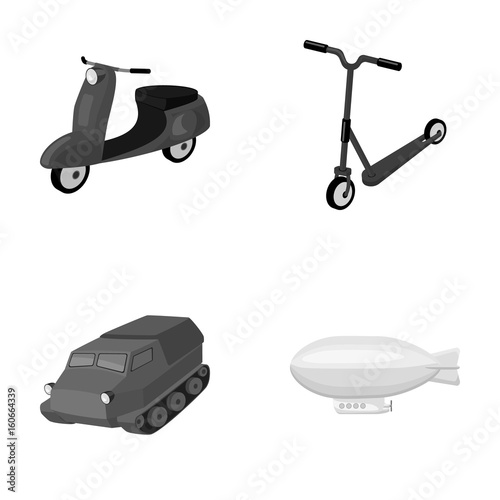 Motorcycle, scooter, armored personnel carrier, aerostat types of transport. Transport set collection icons in monochrome style vector symbol stock illustration web.
