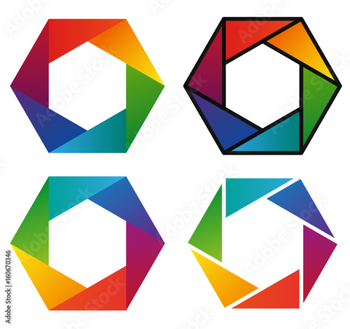 Four colorful hexagon rainbow pictograms - first icon with gradient, second with spectrum gradient and black outline, third with less hue and fourth with white outline