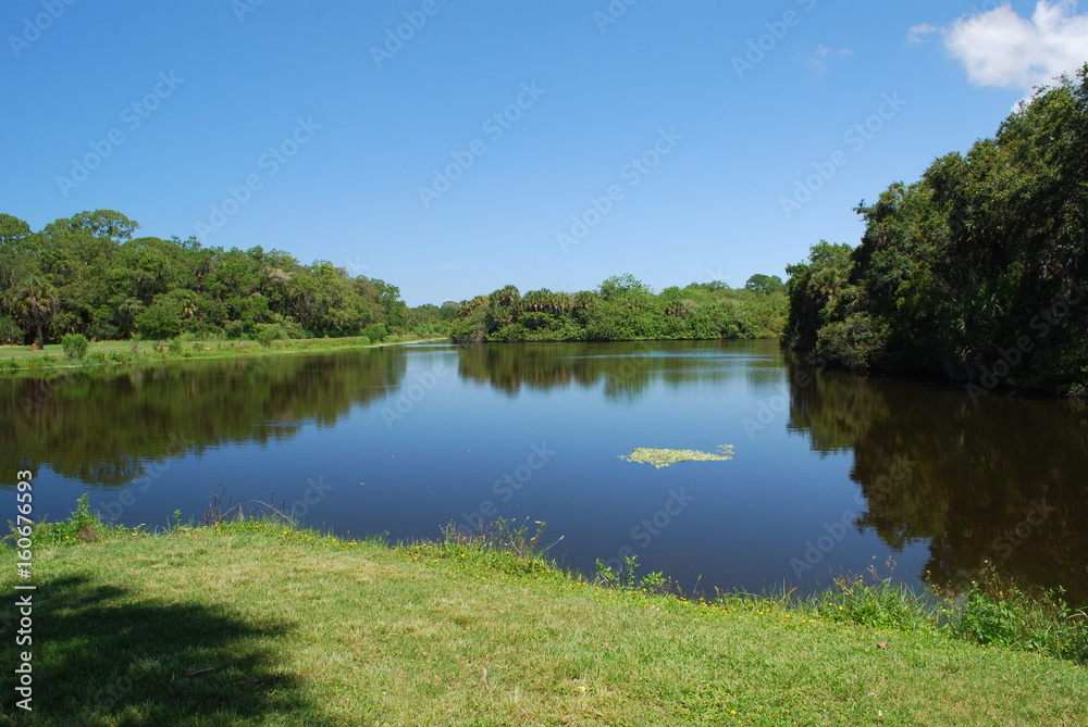 Quiet lake under a cloudless blue sky